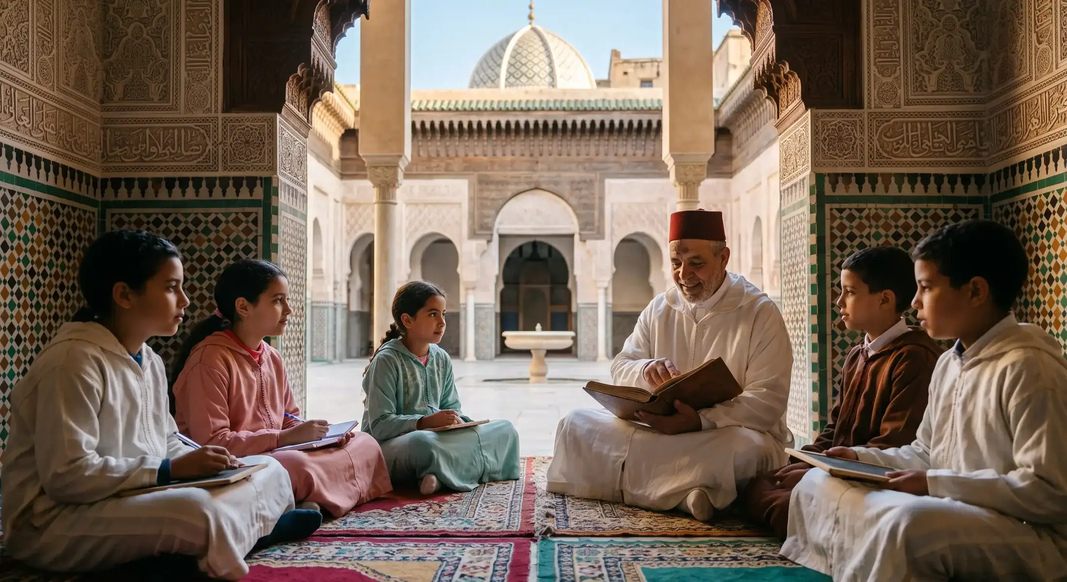 transmission-savoir-croyance-asharite-maroc Enseignant en habit traditionnel marocain (djellaba et tarbouche) transmettant le savoir à de jeunes élèves dans le patio d'une médersa historique ornée de zelliges.