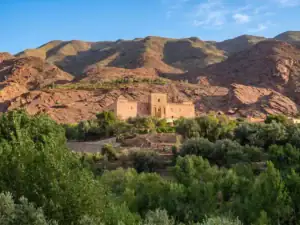 Vue de la mosquée historique de Tinmel, un édifice traditionnel en terre cuite niché au cœur des montagnes arides du Haut Atlas, au sud de Marrakech, surplombant une vallée verdoyante.