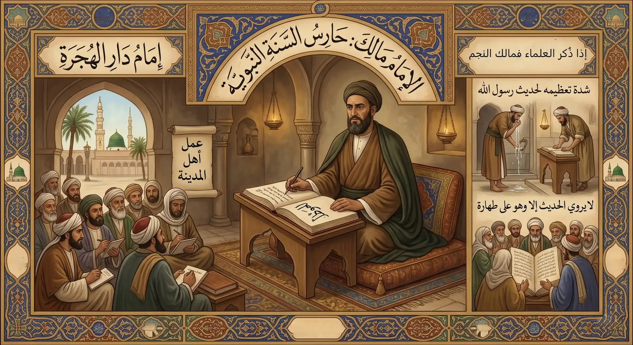 ecole-malikite-maroc-heritage-jurisprudence Central figure of a bearded scholar teaching a crowd in a medieval mosque study, writing at a desk as students take notes.