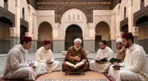 ecole-malikite-maroc-moderation-rigueur Cercle d'étudiants en théologie (Tolba) écoutant un Cheikh dans le patio d'une médersa marocaine, illustrant l'enseignement du rite malikite.