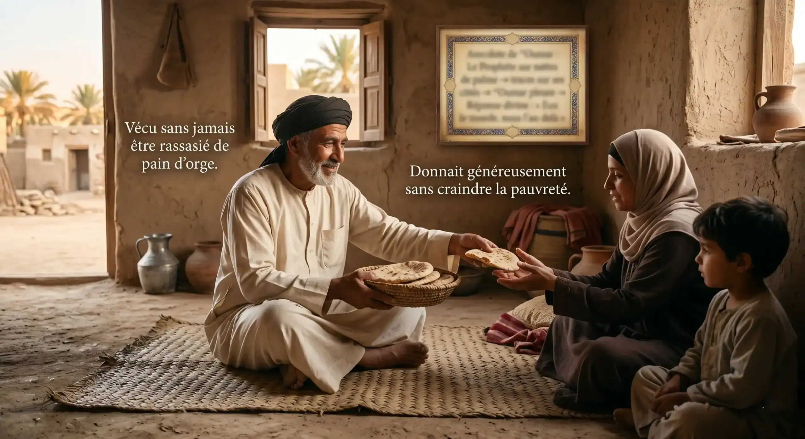 generosite-prophetique-ascese-tasawwouf Older man in a white tunic and turban hands bread to a woman and children inside a sunlit, clay-walled room; a warm, communal moment.
