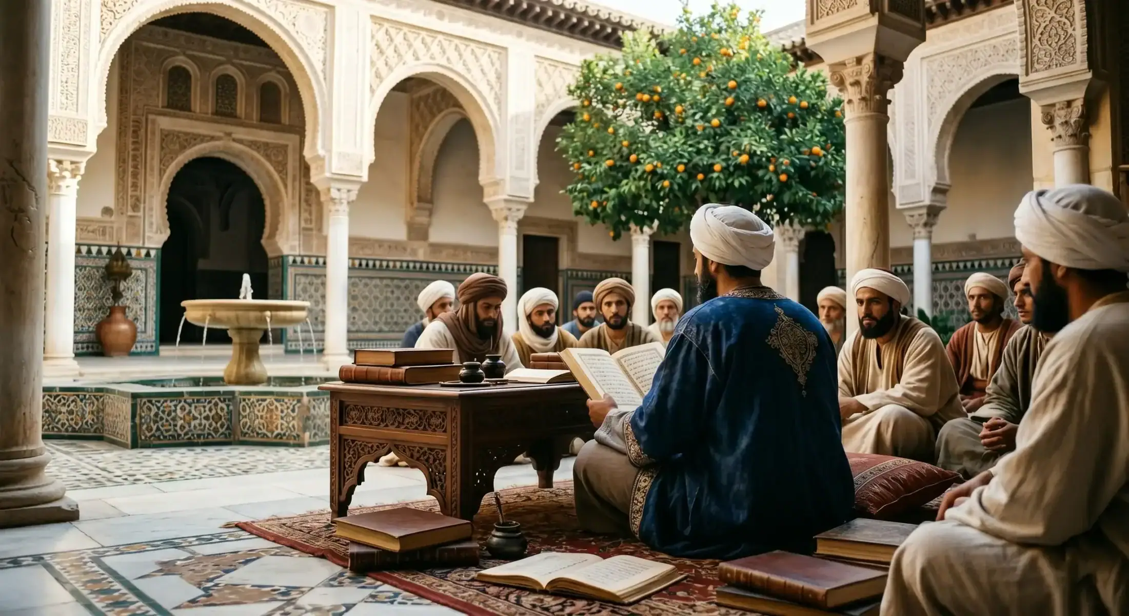 Illustration d'Ibn Rochd al-Jadd (le Grand-Père), célèbre cadi et juriste malikite de Cordoue en habit traditionnel, devant la Mezquita, symbolisant l'autorité du Fiqh andalou.