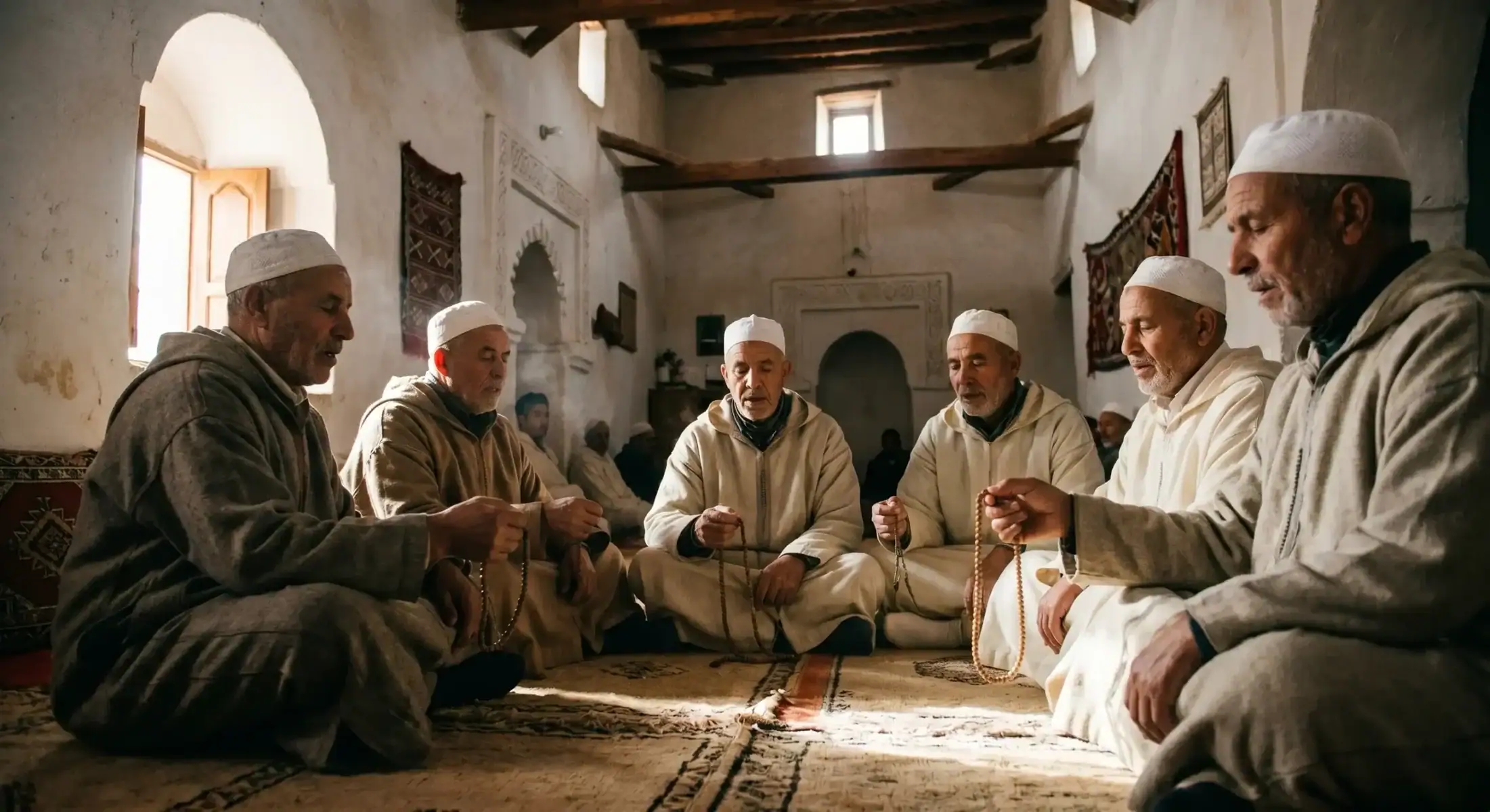 spiritualite-tasbih-mosquee-azilal-atlas-maroc Homme marchant avec un chapelet (tasbih) devant une mosquée traditionnelle dans la région d'Azilal, au cœur des montagnes du Haut Atlas marocain.