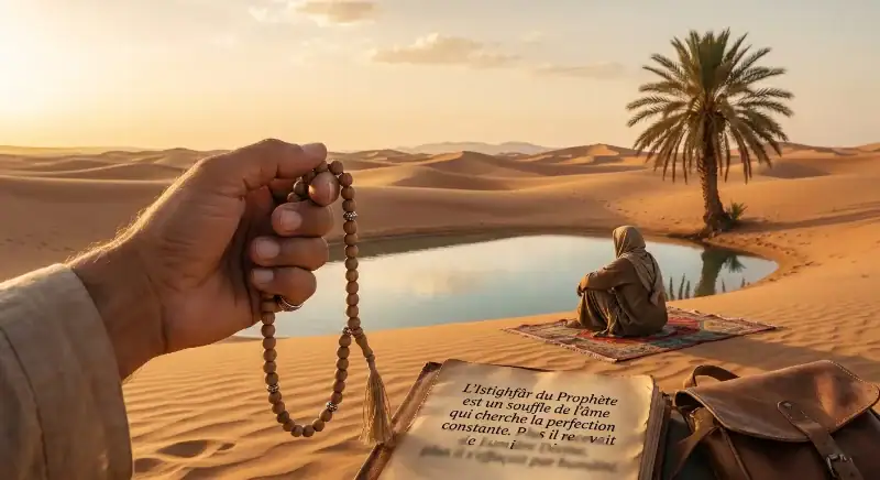 Illustration spirituelle d'une oasis paisible au coucher du soleil avec une calligraphie arabe "Al-Istighfar" sur un parchemin, symbolisant la paix intérieure.