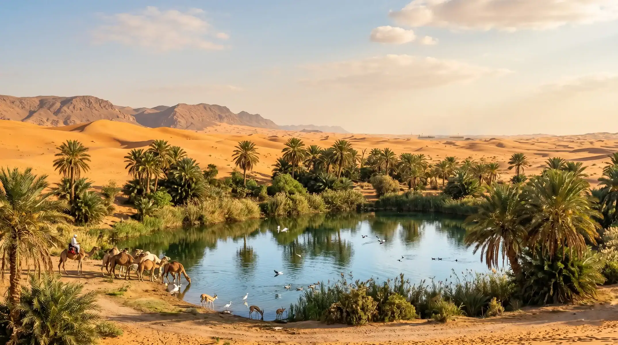 oasis-sahara-marocain-spiritualite-desert Paysage d'une oasis verdoyante dans le Sahara marocain, avec des palmiers dattiers au milieu des dunes de sable sous un ciel bleu.