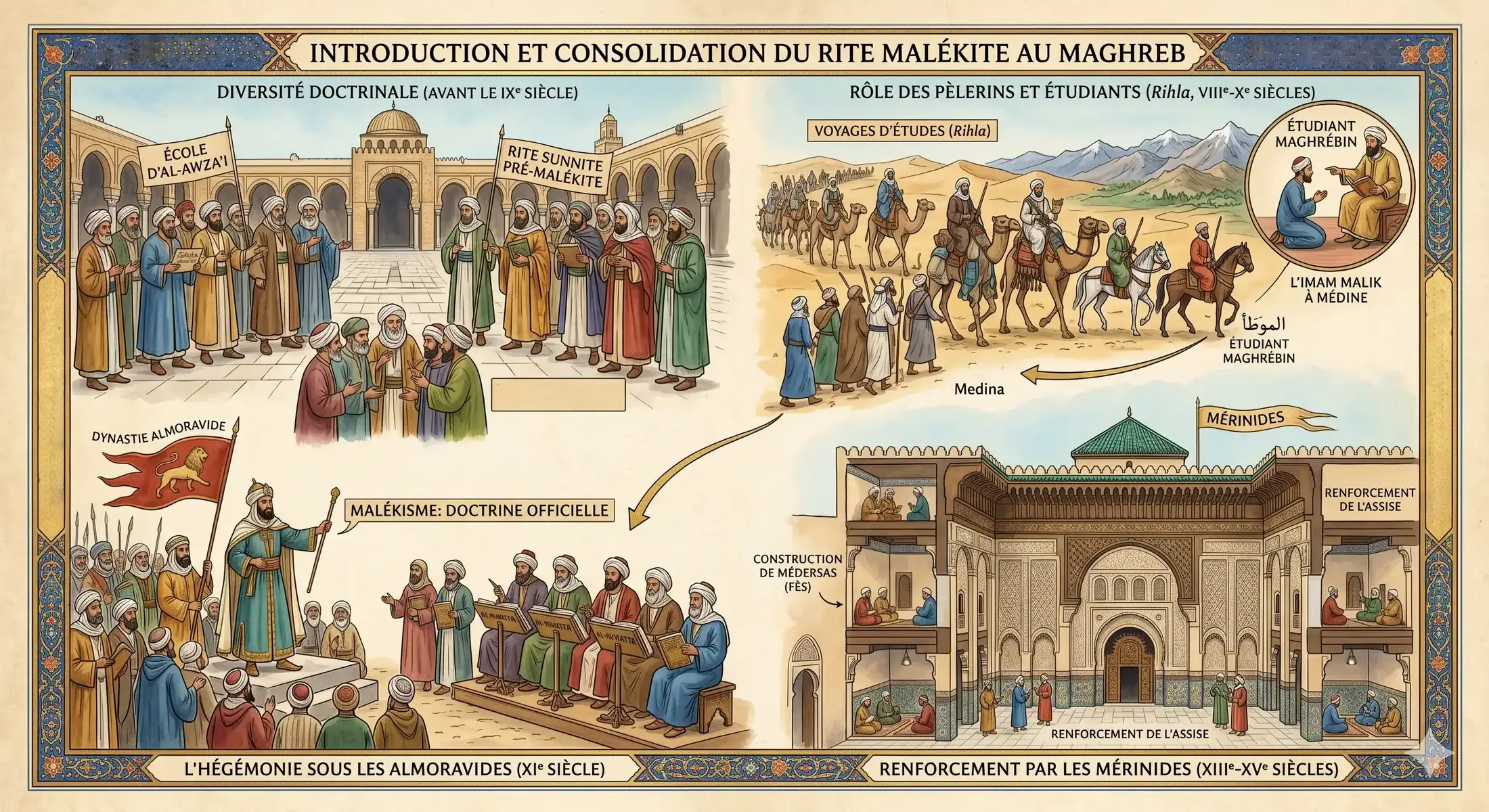 rite-malikite-maroc-identite-jurisprudence Illustration graphique sur le rite malikite au Maroc, présentant des calligraphies arabes sur un fond de parchemin vieilli orné de motifs géométriques et floraux.