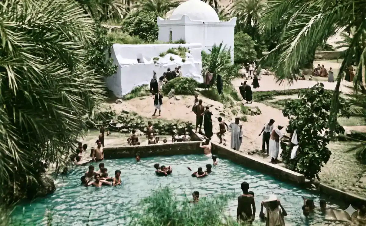 Vue du sanctuaire blanc de Sidi Hrazem avec son dôme, entouré de palmiers et de végétation, situé près de la source d'eau chaude thermale près de Fès.