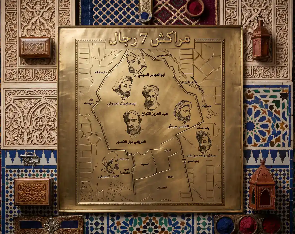 Illustration ou monument représentant les Sept Saints de Marrakech (Sabaatou Rijal), symbolisant les sept protecteurs spirituels de la ville.