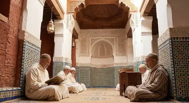 soufisme-imam-al-junayd-purete-du-coeur Groupe de sages et disciples en habits traditionnels (djellabas) lisant le Coran dans une zaouïa marocaine, illustrant la sérénité et le détachement spirituel.