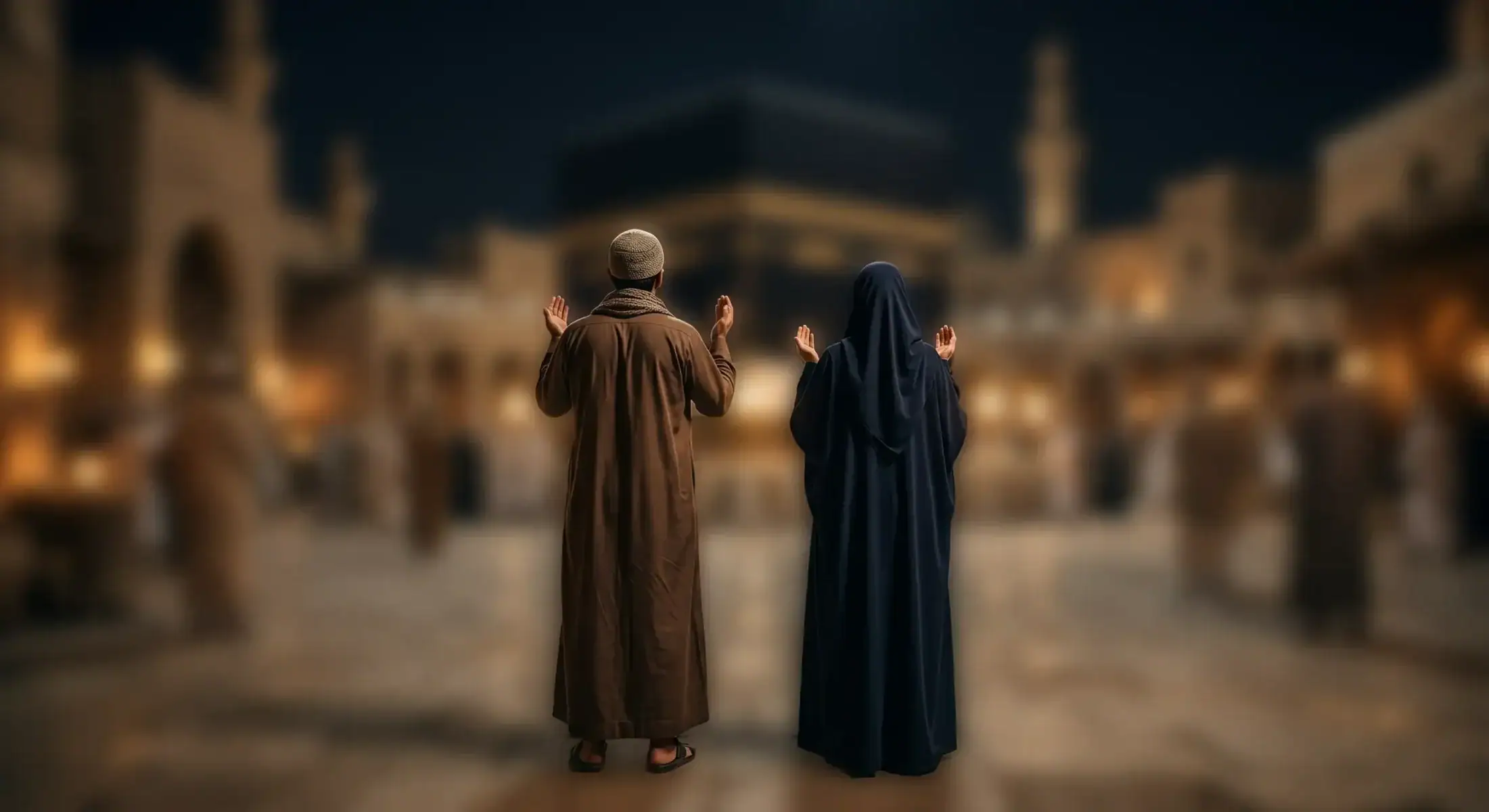 tawassoul-kaaba-mecque-unite-sunnite Vue de la Kaaba à La Mecque (Masjid al-Haram) avec des pèlerins en prière, symbolisant l'unité des croyants et la pratique du Tawassoul dans la tradition sunnite.