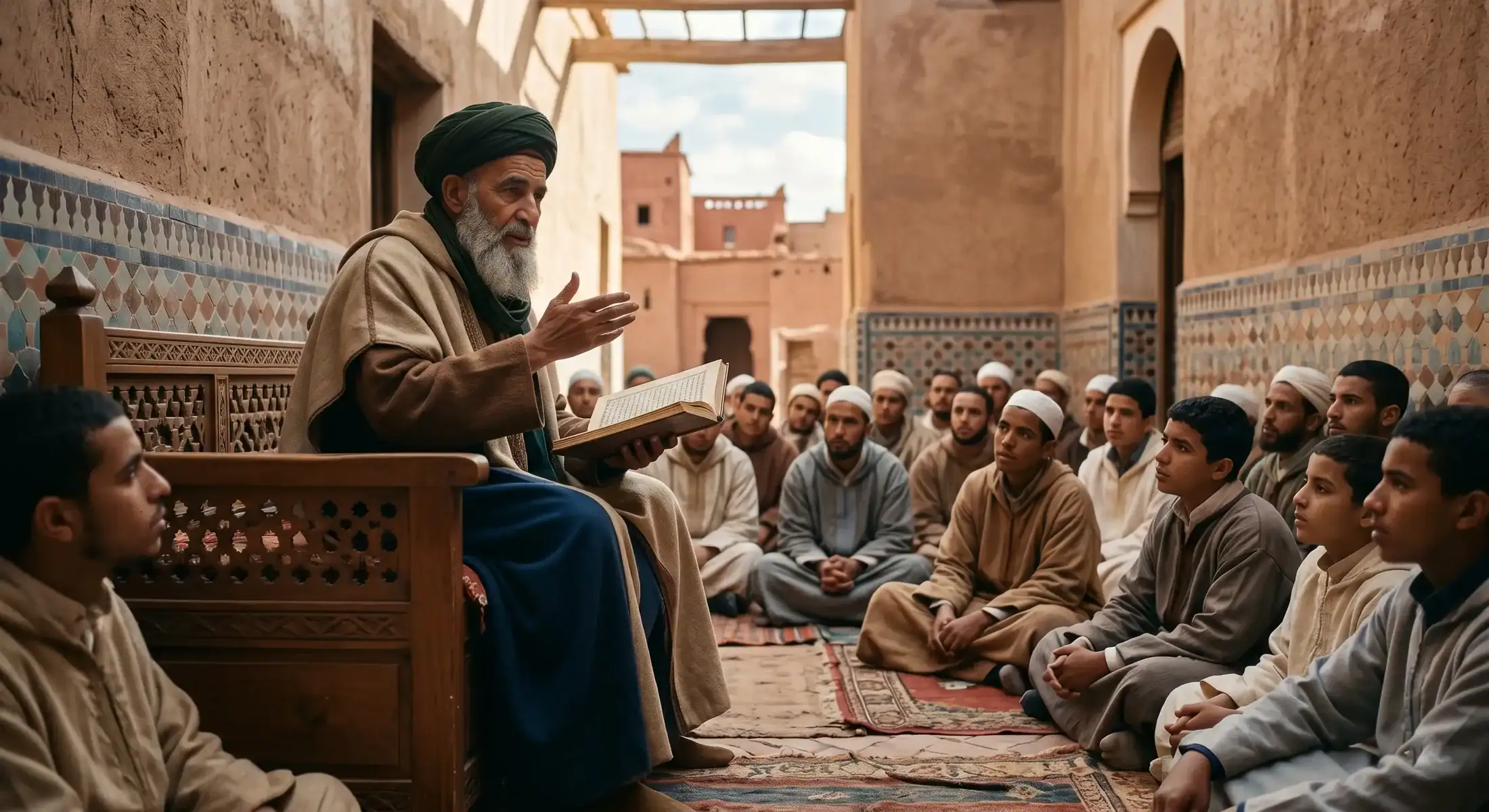 Illustration d'un savant musulman en habit traditionnel (djellaba et turban) enseignant à de jeunes élèves dans le patio fleuri d'une médersa marocaine richement décorée de zelliges.