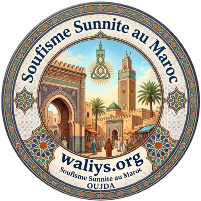 Proposition : Emblème du Soufisme Sunnite au Maroc - Oujda Logo circulaire du Soufisme Sunnite au Maroc à Oujda, affichant le site waliys.org au milieu d'une illustration de médina marocaine avec des minarets, des palmiers et des motifs géométriques zellige.