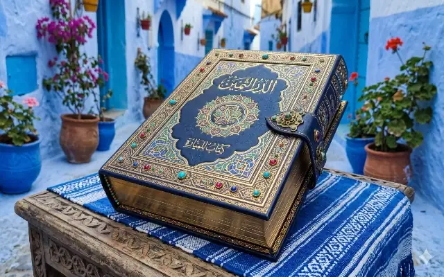 Ad-Durr Ath-Thamin (Le Commentaire de Mayara) : Explication du Matn Ibn 'Ashir Livre de collection Ad-Durr ath-Thamin de l'Imam Mayara posé sur une table en bois dans une ruelle bleue typique de la médina de Chefchaouen au Maroc.