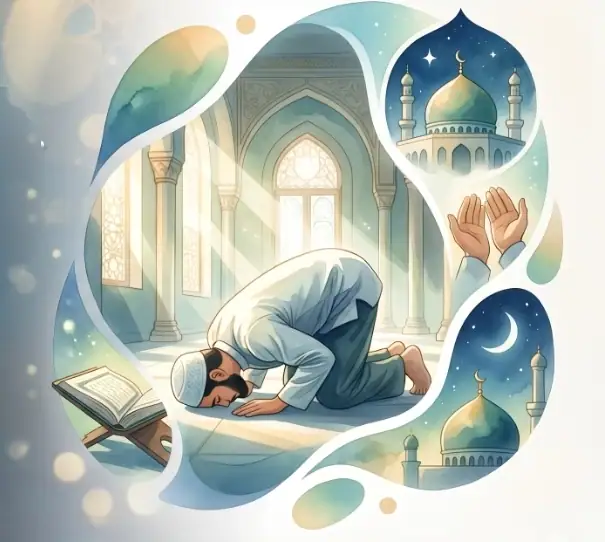 adoration-definition-difference-tawassoul Illustration montrant un homme en prosternation (sujud) durant la prière, une mosquée et le Coran ouvert, avec le texte L'adoration en islam : définition, portée et distinction avec le tawassoul.