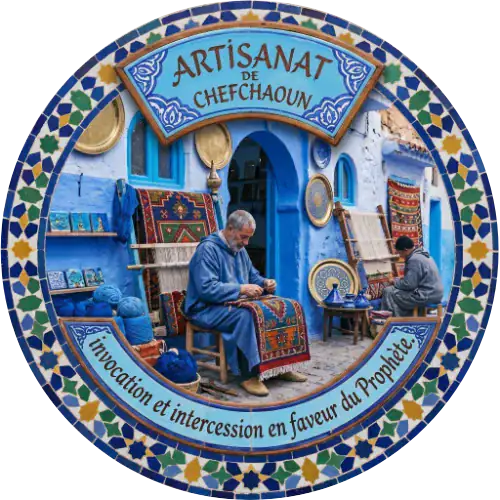 Artisans tisserands travaillant sur des tapis traditionnels devant une façade bleue de Chefchaouen, présentés dans un médaillon en zellige bleu et jaune.