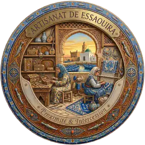 Essaouira : L'Art de la Marqueterie de Thuya Illustration d'artisans à Essaouira travaillant le bois de thuya et la marqueterie, avec les remparts de la Skala et des mouettes en arrière-plan, dans un médaillon ornementé.