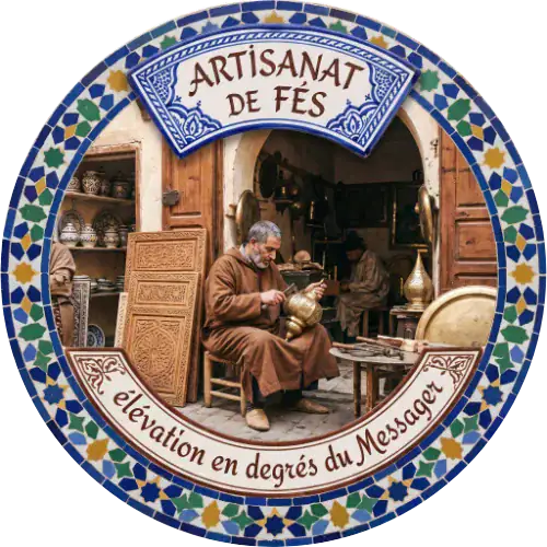 Scène d'atelier d'artisanat à Fès montrant un artisan travaillant le cuivre, entouré de poteries et de bois sculpté dans un médaillon en zellige bleu.