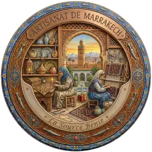 Marrakech : La Source Bénie de l'Artisanat Marocain Illustration d'artisanes à Marrakech travaillant sur de la broderie et un métier à tisser, avec la mosquée de la Koutoubia et les montagnes de l'Atlas en arrière-plan, dans un médaillon ornementé.