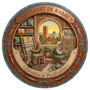Artisanat de Rabat : Élévation et Purification Illustration d'artisanes à Rabat travaillant sur de la broderie et des bijoux traditionnels, avec la Tour Hassan et un dôme blanc en arrière-plan, dans un médaillon ornementé.