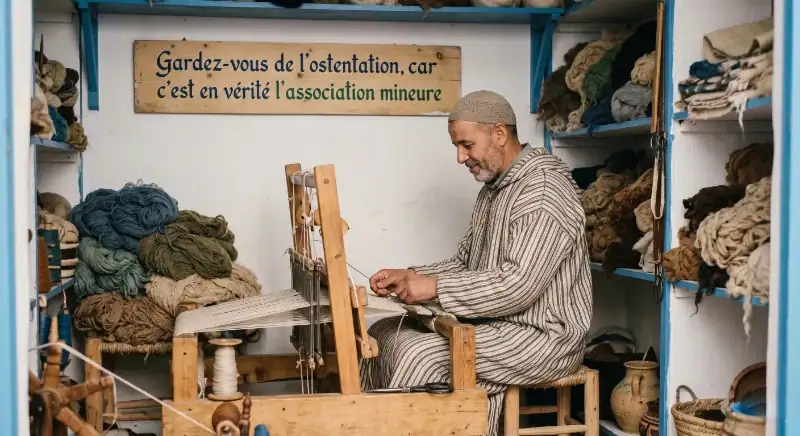 C'est en vérité l'association mineure – Artisan tisserand traditionnel ASILAH Un artisan tisserand assis de profil en djellaba rayée travaille sur un métier à tisser en bois dans son atelier. Les étagères entourent l'artisan et débordent de pelotes de laine de différentes couleurs. Au-dessus de lui, un panneau en bois affiche l'inscription en français : "Gardez-vous de l'ostentation, car c'est en vérité l'association mineure".