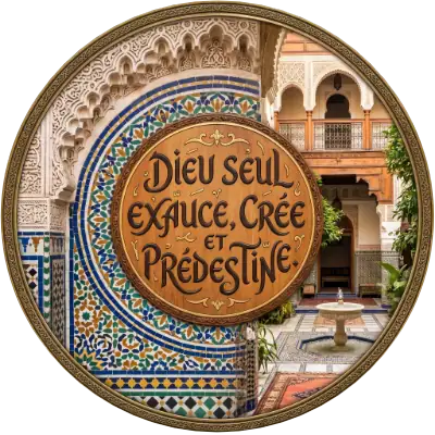 Médaillon circulaire en bois sculpté portant l'inscription Dieu seul exauce, crée et prédestine, sur fond de patio arabo-andalou avec zelliges marocains et fontaine.
