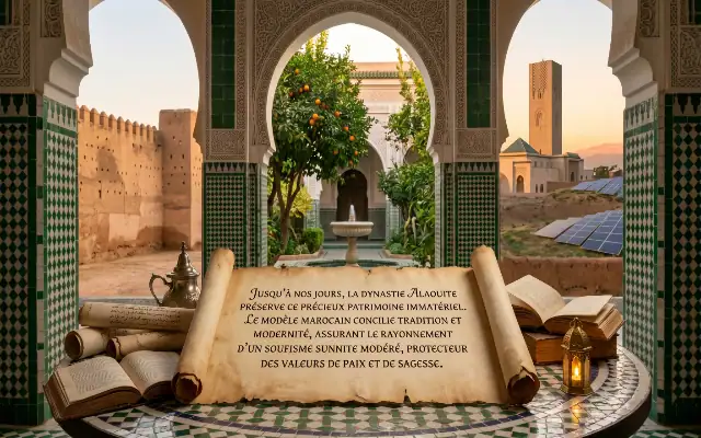 Dynastie Alaouite et Modèle Marocain de Soufisme Parchemin ouvert présentant un texte sur la dynastie Alaouite et le soufisme sunnite modéré au Maroc, posé sur une table en zellige dans un riad avec vue sur un minaret et des panneaux solaires.