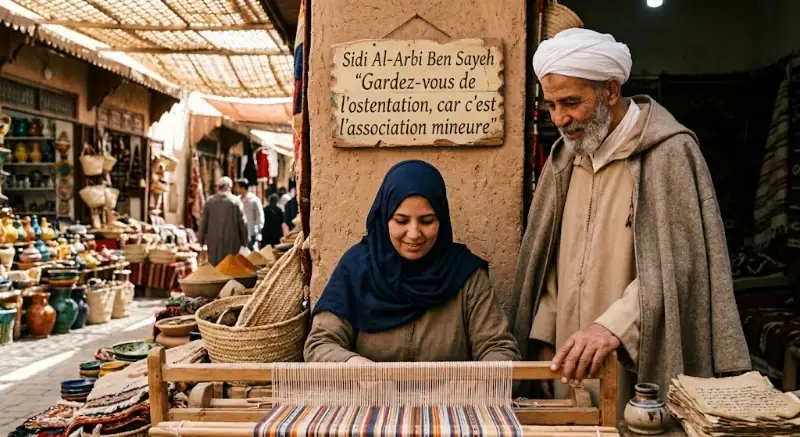 Artisanat de Salé – Tissage traditionnel et transmission spirituelle Dans un souk traditionnel à Salé, une femme artisane portant un hijab bleu travaille sur un métier à tisser en bois. À ses côtés, un homme âgé avec un turban blanc observe son travail. Derrière eux, sur un pilier en terre, un panneau en bois affiche l'inscription : "Sidi Al-Arbi Ben Sayeh 'Gardez-vous de l'ostentation, car c'est l'association mineure'". Les étals du marché avec des paniers et des poteries sont visibles à l'arrière-plan.