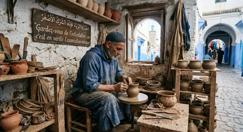 Gardez-vous de l'ostentation – Artisan potier traditionnel Un artisan potier âgé en djellaba bleue travaille l'argile sur son tour dans un atelier traditionnel, sous un panneau en bois écrit en arabe et en français : "Gardez-vous de l'ostentation, car c'est en vérité l'association mineure". En arrière-plan, une ruelle bleue de style marocain (Chefchaouen) est visible par la fenêtre.