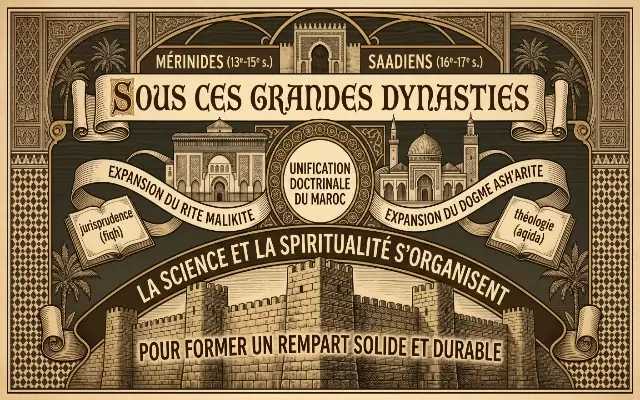 La science et la spiritualité sous les grandes dynasties du Maroc Illustration historique sur l'unification doctrinale du Maroc sous les dynasties Mérinides et Saadiens, mettant en avant l'expansion du rite malikite (jurisprudence) et du dogme ash'arite (théologie) pour former un rempart solide.