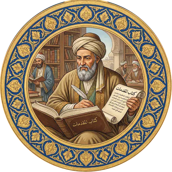 Portrait d'Ibn Rochd - Le Grand Commentateur Illustration d'Ibn Rochd (Averroès) écrivant dans une bibliothèque, entouré de manuscrits anciens et de savants dans un médaillon ornementé.