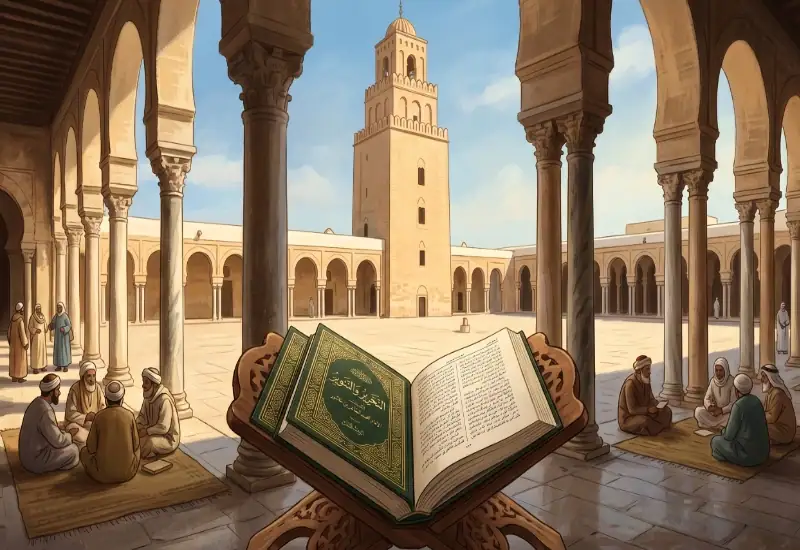 L'Imam Ibn Ashur et son chef-d'œuvre d'exégèse Al-Tahrir wa-al-Tanwir Un livre ouvert écrit en arabe intitulé "Al-Tahrir wa-al-Tanwir" posé sur un support en bois (rahla) au premier plan. En arrière-plan, la cour intérieure d'une mosquée traditionnelle de style tunisien ou maghrébin (rappelant la Zitouna) avec son grand minaret carré, des arcades et des groupes de savants ou d'étudiants assis en cercle sur des tapis.