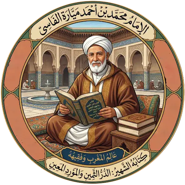 Illustration de l'Imam Muhammad Mayara al-Fassi lisant un ouvrage dans une cour de madrasa traditionnelle avec fontaine, insérée dans un médaillon ornementé.