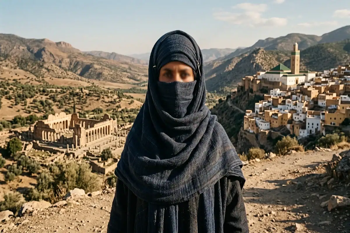 Portrait d'une femme voilée en bleu marine au premier plan, avec en arrière-plan à gauche des ruines antiques romaines et à droite un village berbère fortifié à flanc de montagne avec un minaret.