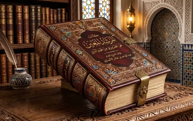 Le Matn Ibn 'Ashir et son Commentaire Ad-Durr Ath-Thamin Ouvrage relié en cuir et dorures du Kitab Al-Murshid al-Mu'in d'Ibn 'Ashir posé sur une table en bois sculpté, avec une plume et un encrier dans une bibliothèque de style marocain.