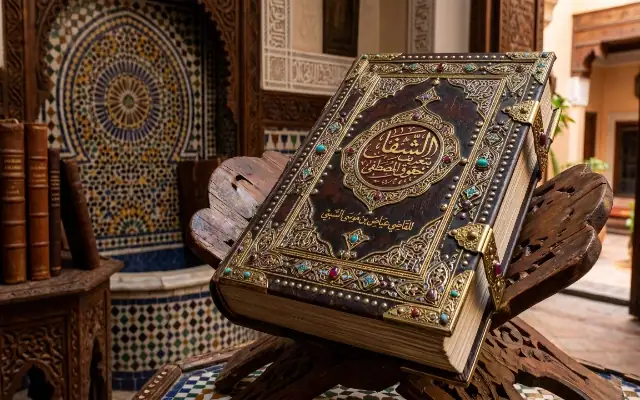Kitab Al-Shifa du Cadi Ayyad : Les Éloges et Droits du Prophète Exemplaire richement relié du livre Kitab Al-Shifa du Cadi Ayyad posé sur un lutrin en bois sculpté, dans un patio de style arabo-andalou avec zelliges marocains.