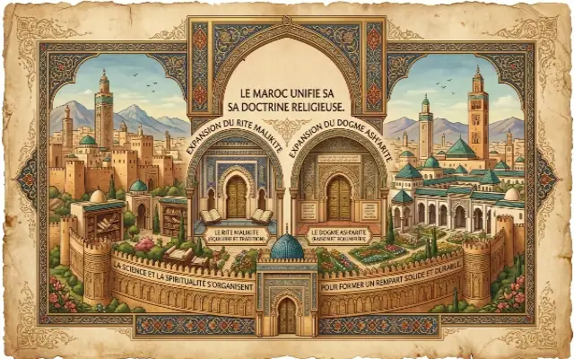 L'unification de la doctrine religieuse au Maroc : Rite Malikite et Dogme Ash'arite Une illustration de style manuscrit ancien représentant une cité marocaine fortifiée divisée en deux arcs sémantiques sous le titre général "Le Maroc unifie sa sa doctrine religieuse". À gauche, une arche surmontée de l'inscription "Expansion du rite malikite" montre l'intérieur d'une madrasa avec la mention "Le rite malikite (équilibre et tradition)". À droite, une arche intitulée "Expansion du dogme ash'arite" abrite la mention "Le dogme asharite (raison et justesse)". Au bas de la muraille de la ville, on peut lire : "La science et la spiritualité s'organisent pour former un rempart solide et durable".