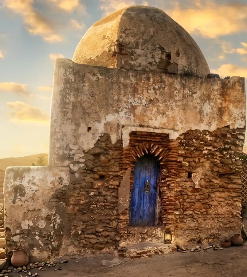 Mausolée Lalla Menana El Masbahiya – Larache Mausolée historique de Lalla Menana El Masbahiya à Larache, architecture traditionnelle en pierre avec porte bleue et dôme.