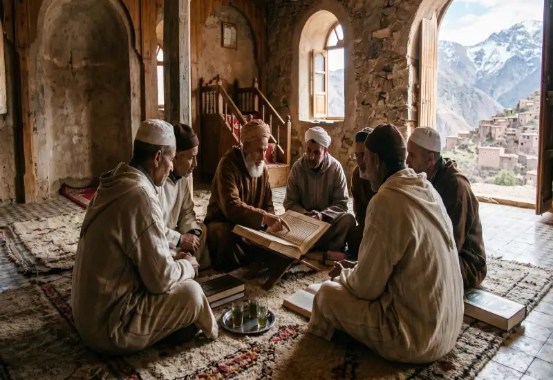 Étude du Tafsir d'Al-Qurtubi dans une mosquée de l'Atlas Un groupe d'hommes et de savants en djellabas traditionnelles assis en cercle sur des tapis berbères à l'intérieur d'une mosquée en pierre. Un cheikh au centre pointe du doigt un grand livre ouvert posé sur un support en bois (rahla). Une grande ouverture à droite dévoile une vue magnifique sur un village berbère et des montagnes de l'Atlas enneigées.