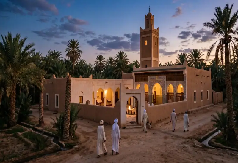 La Mosquée de l'Imam Al-Sanoussi au cœur de l'oasis Une mosquée traditionnelle en pisé au coucher du soleil, située au milieu d'une palmeraie luxuriante. L'édifice illuminé de l'intérieur présente un minaret carré de style maghrébin et des arcades. Au premier plan, plusieurs hommes vêtus de tuniques blanches et de turbans marchent sur un chemin de terre en direction de l'entrée de la mosquée.