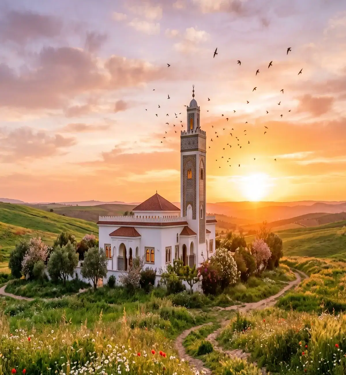 Mosquée traditionnelle au cœur d'une prairie au coucher du soleil Une mosquée blanche à l'architecture maghrébine avec un haut minaret ciselé, isolée au milieu d'une prairie verdoyante et fleurie de coquelicots. Le soleil couchant embrase le ciel de teintes orangées et dorées en arrière-plan derrière des collines, tandis qu'une nuée d'oiseaux s'envole autour du minaret. Un petit chemin de terre mène à l'édifice entouré d'arbres en fleurs.