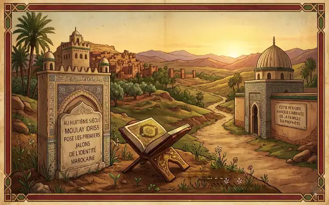 Les jalons de l'identité marocaine sous Moulay Idriss Ier Une illustration historique de style bande dessinée montrant un paysage vallonné du Maroc au coucher du soleil, avec la cité fortifiée de Volubilis ou de Moulay Idriss Zerhoun en arrière-plan. Au premier plan, un Coran ouvert repose sur un support en bois (rahla). À gauche, une stèle sculptée affiche : "Au huitième siècle Moulay Idriss pose les premiers jalons de l'identité marocaine". À droite, un édifice traditionnel avec un dôme porte l'inscription : "Cette période marque l'arrivée de la famille du Prophète".