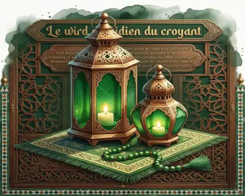 Le Wird Quotidien : Lumière et Constance Illustration de deux lanternes orientales en cuivre avec des bougies allumées, posées sur un tapis de prière vert avec un chapelet, devant un panneau explicatif sur le Wird quotidien.