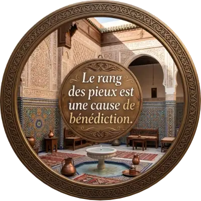 Médaillon en bois sculpté avec l'inscription Le rang des pieux est une cause de bénédiction, suspendu au centre d'un riad traditionnel marocain avec zelliges, tapis et fontaine.