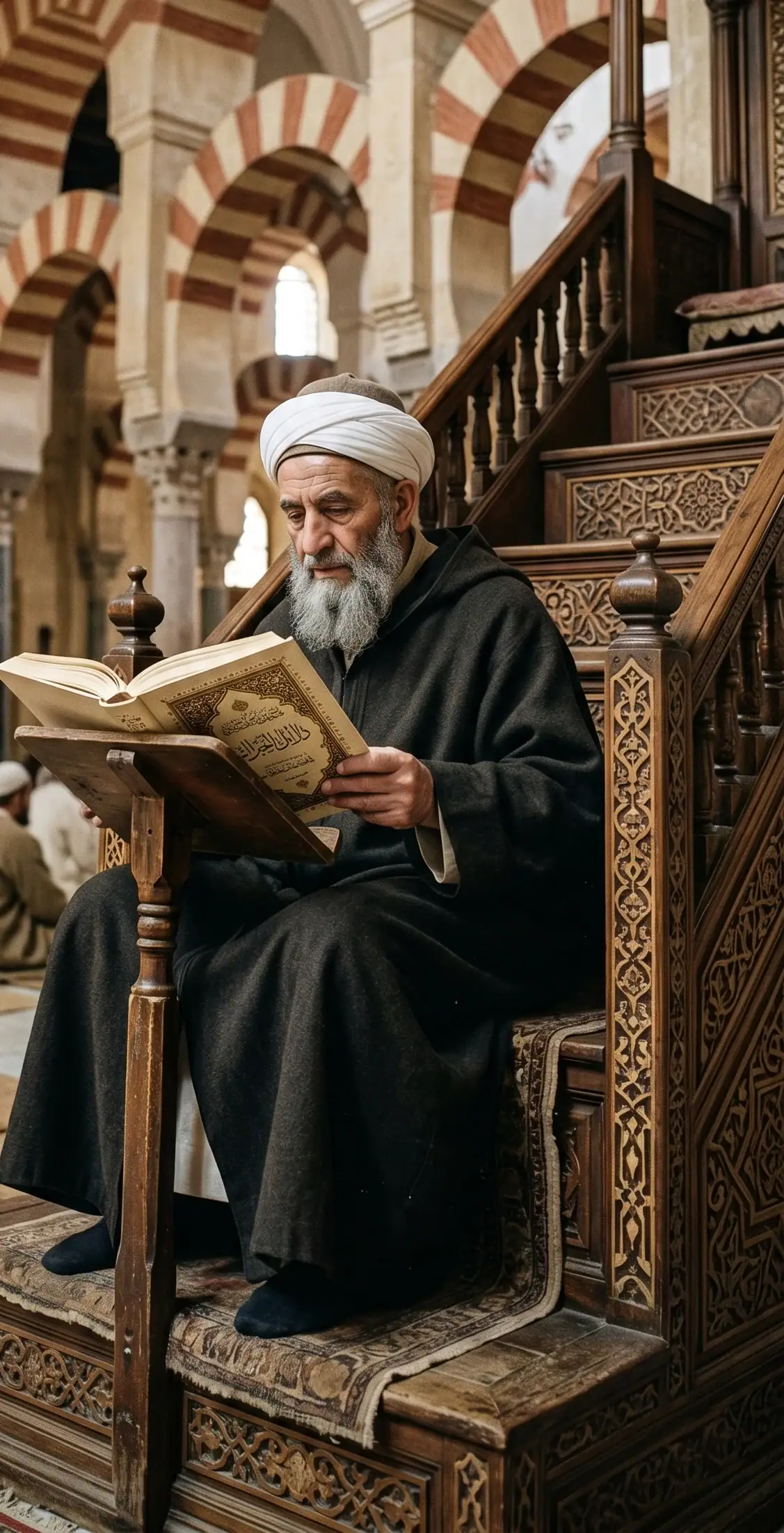 La Transmission du Savoir : Étude au Cœur de la Mosquée Portrait d'un érudit âgé avec une barbe grise et un turban, assis sur les marches d'un minbar en bois sculpté, lisant un manuscrit ancien dans une mosquée aux arcs bicolores.