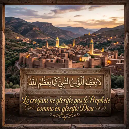Vue panoramique de la ville de Demnate au crépuscule, avec ses remparts, ses minarets éclairés et les montagnes de l'Atlas, encadrée par une fenêtre en pierre avec une inscription calligraphique.