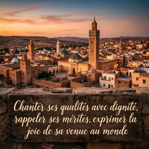 Vue panoramique d'Oujda au crépuscule avec ses mosquées et minarets éclairés, encadrée par un muret en pierre portant une inscription poétique sur bois.