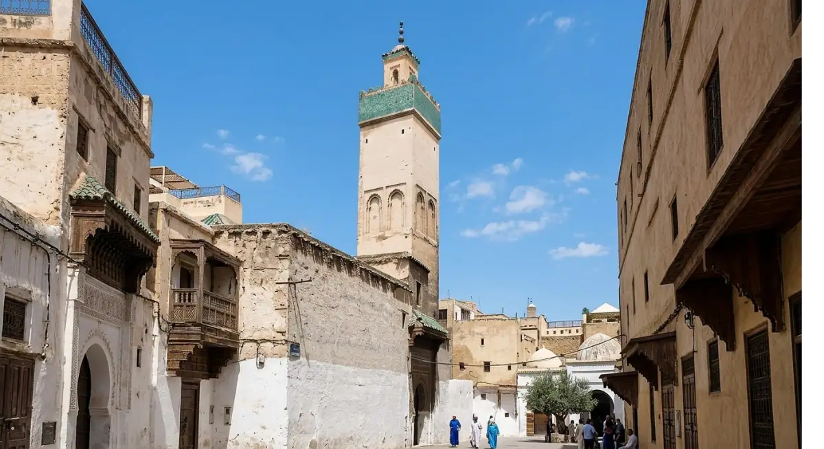 Zaouïa Ben Souda à Fès : Histoire et Architecture | Maroc Minaret de la Zaouïa Ben Souda s'élevant au milieu d'une ruelle traditionnelle de la médina de Fès sous un ciel bleu.