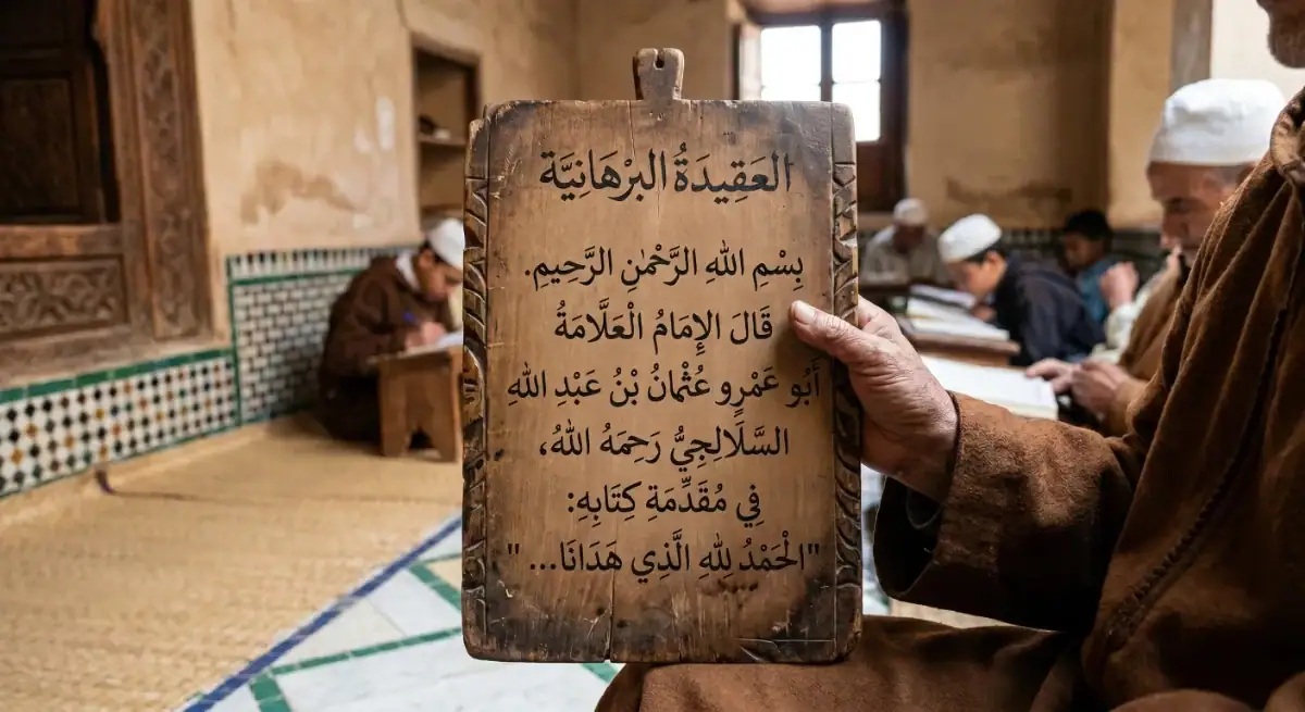 Tablette en bois de Al-Aqidah Al-Burhaniyyah – Enseignement traditionnel Une main tenant une tablette en bois traditionnelle (Lauh) gravée de textes en arabe de l'introduction d'Al-Aqidah Al-Burhaniyyah d'As-Salalaji, dans une école traditionnelle (madrasa) à Fès avec des étudiants en arrière-plan.