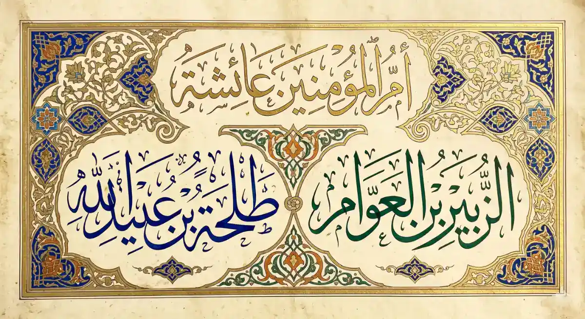 Calligraphie arabe enluminée représentant les noms de la Mère des croyants Aïcha, d'Az-Zubayr ibn al-Awwam et de Talhah ibn Ubaydullah