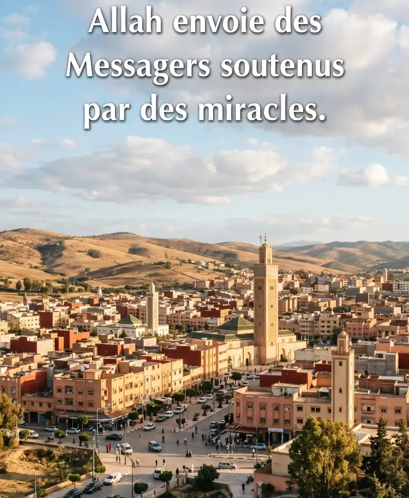 Allah-Envoie-Messagers-Soutenus-Par-Miracles Vue panoramique aérienne d'une ville marocaine avec ses habitations ocres, ses collines et le minaret de sa grande mosquée, surmontée du texte : Allah envoie des Messagers soutenus par des miracles.